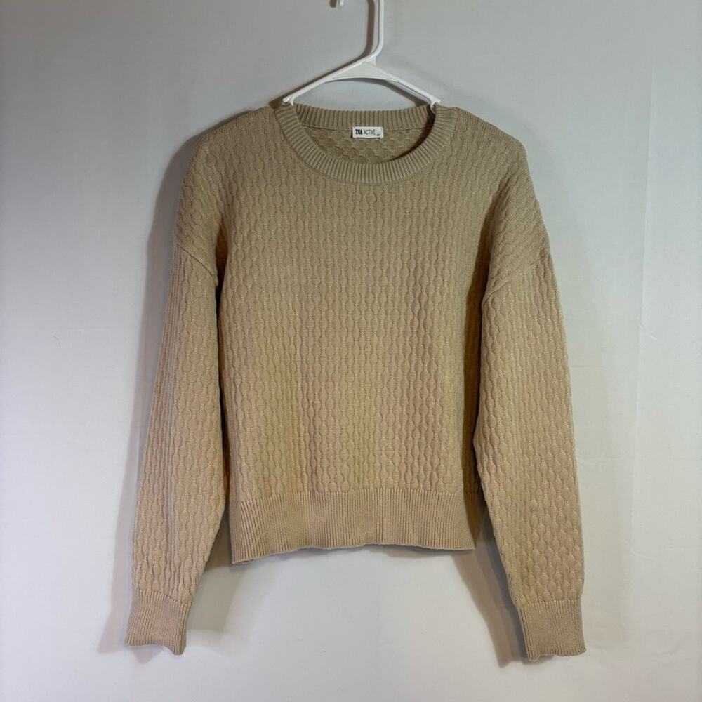 ZYIA Active Cream Crew Neck Cropped Sweater with Textured Knit Size Medium R0343